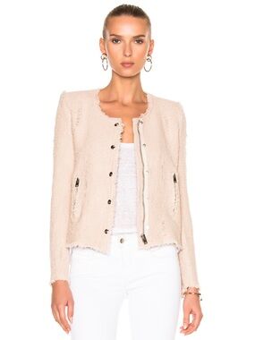IRO Agnette Tweed Jacket Pink Sand Size 34 XS Collarless Zip Blazer
